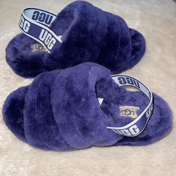 UGG Woman’s Fluff Yeah Sheepskin Slides Medallion Purple Elastic Strap size 5 - Picture 8 of 11